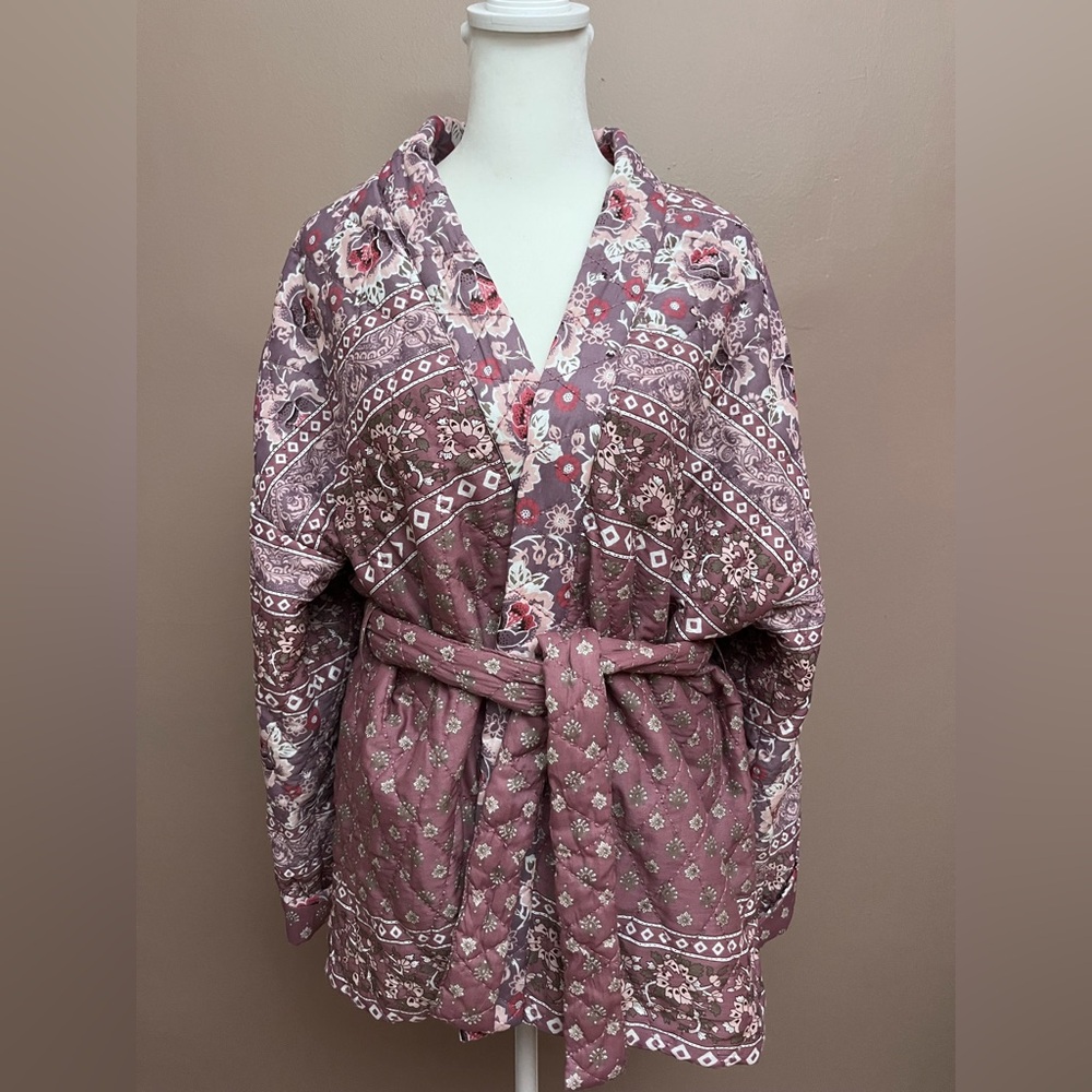 Lucky Brand Floral Kimono Wrap Jacket with Quilted Design